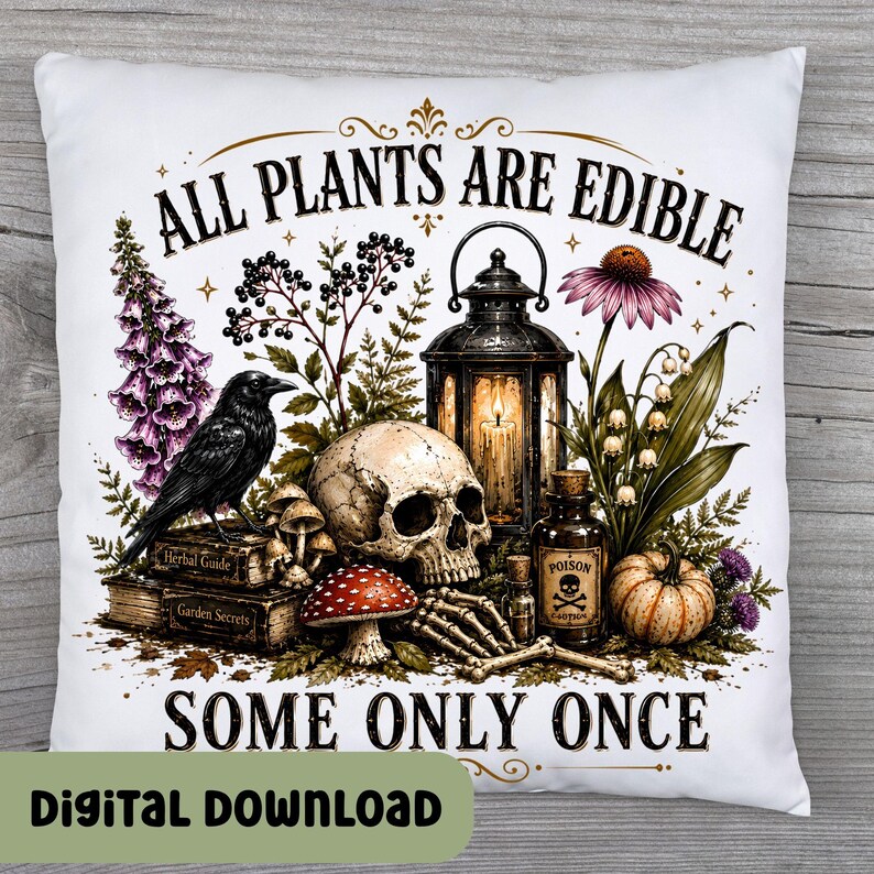 Puede incluir: Un coj&iacute;n cuadrado blanco con un cuervo negro sobre libros, un cr&aacute;neo humano, una linterna, una botella de veneno, setas y plantas. El texto dice ALL PLANTS ARE EDIBLE en la parte superior y SOME ONLY ONCE en la parte inferior en negro.