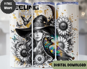 Witchy Vibes 20 oz Skinny Tumbler Sublimation Design Digitaler Download PNG, Galaxy Celestial Witch Tumbler Wrap, mystisch, Kristalle, W126