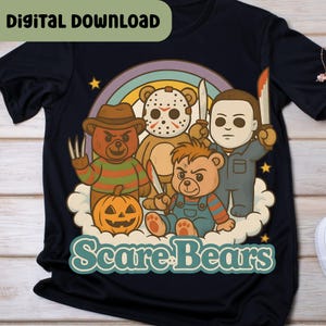 May include: Black t-shirt with a colorful graphic featuring cartoon bears dressed as horror movie characters. The design includes a rainbow, a pumpkin, and the text "Scare Bears" and "Digital Download".