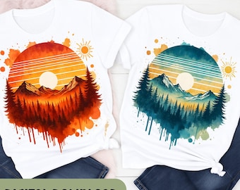 May include: Two white t-shirts with nature-themed designs. One shirt features a sunset scene with mountains and trees in orange and red hues. The other has a similar design in blue and green. The text "DIGITAL DOWNLOAD" is at the bottom.