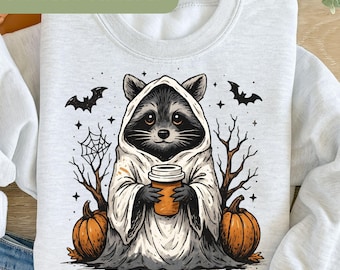 Retro Spooky And Feral Png, Retro Halloween Raccoon Pumpkin, Creepy Cute Raccoon Ghost , Feral Girl Shirt Design, Halloween Mama Shirt  H136