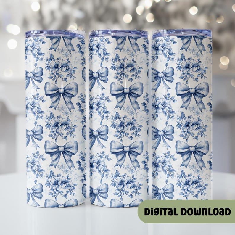 May include: Three white tumblers with a blue floral and bow pattern. The design features blue bows and floral arrangements on a white background. The text "DIGITAL DOWNLOAD" is visible on the bottom right.