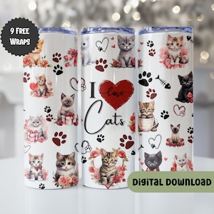 Valentines Cat Kitten Love 20 Unzen dünner Becher Sublimationsentwurf Katzenliebhaber digitale PNG Gerade wickeln A118