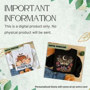 Puede incluir: Un listado de producto digital con dos sudaderas. Una sudadera blanca muestra calabazas naranjas y el texto hello PUMPKIN. Una sudadera negra presenta una polilla, luna, cristales y flores. El texto dice IMPORTANT INFORMATION.