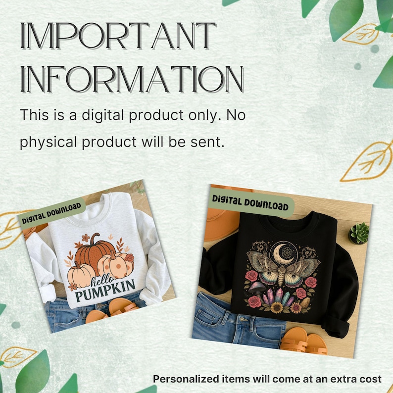 Puede incluir: Un listado de producto digital con dos sudaderas. Una sudadera blanca muestra calabazas naranjas y el texto hello PUMPKIN. Una sudadera negra presenta una polilla, luna, cristales y flores. El texto dice IMPORTANT INFORMATION.