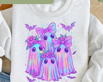 Lila Geist Kürbis PNG, Kokette Halloween Sublimationsdesign, nettes Girly, gruselige Jahreszeit, Retro Neon Grafik digitaler Download Hemden H110