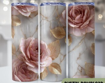Pink Roses Tumbler Wrap, Rose Gold Floral Design (Digital Download)