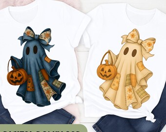 Retro Halloween Blue Denim Ghost, Neutral Trendy Patchwork Spooky Ghost Png, Cute Boo Ghost Coquette Png, Fall Pumpkin, Spooky Season  H131