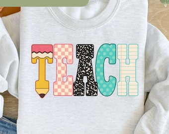 Bright Checkered Teach PNG, Teacher Back to School PNG Neon Distressed, Coquette 1st 2nd 3rd Grade Teacher Png, Colorful, Pencil P102