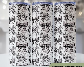 Bow Tumbler Wrap Black Chinoiserie Tumbler Design, 20oz Skinny Tumbler Wrap, Seamless Spring Coquette Template - PNG Digital Download, P116