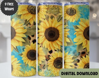 Solrosor Tumbler Designs, Glitter Leopard 20oz Small Tumbler Wrap, Sömlös Glitter Tumbler Mall - PNG Digital Nedladdning, N103