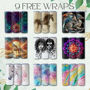 May include: Nine stainless steel tumblers with various designs are displayed. The designs include floral patterns, horses, a dragon, portraits, and abstract art. The text "9 FREE WRAPS" is at the top of the image.