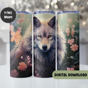 Celestial Floral Wolf Png Tumbler, 20oz Skinny Tumbler, Sublimation Designs for Straight & Tapered, Wolf Instant Digital Download A111