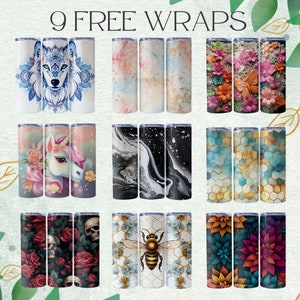 May include: Nine stainless steel tumblers with various designs are displayed. Designs include a wolf, marble, flowers, a unicorn, abstract black and white, geometric patterns, skulls and roses, a bee, and floral patterns. The text "9 FREE WRAPS" is at the top.