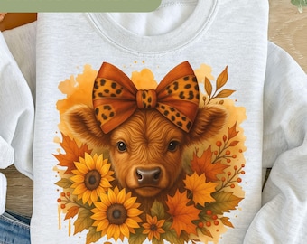 Fall Highland Cow Coquette PNG, Highland Cow PNG, Sunflowers PNG, Floral Highland Cow, Heifer Png, Coquette Bow, Sublimation Design  A103