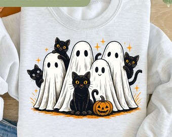 Retro Halloween-spöke och katt png, läskigt spöke png, preppy blommig Halloween-png, bu Halloween-png, rolig Halloween-png, svart katt H141