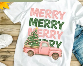 Pink Retro Merry Christmas Truck Png, Coquette Christmas Tree, Cute Holiday Shirt Design, Vintage Christmas Sublimation, Girly Xmas  H205