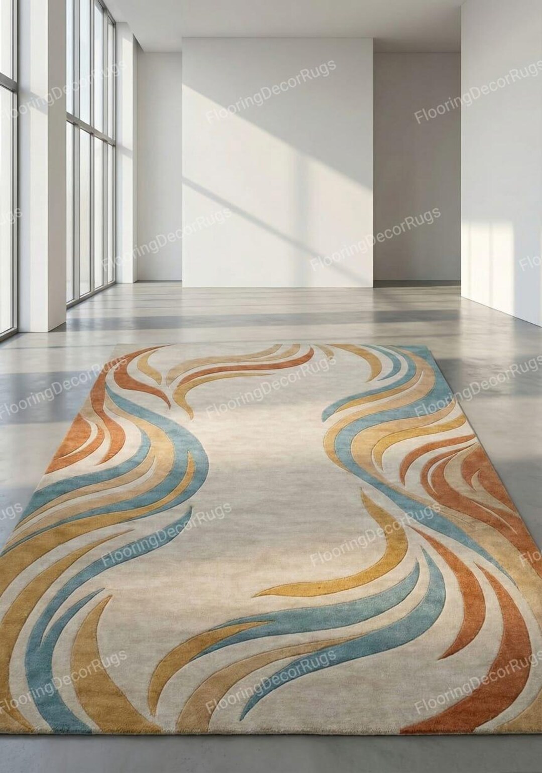 Modern Abstract Tufted Wool Rug Beige Blue Designer Carpet for Living ...