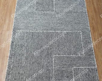 Black & White Area Rug, Hand Tufted Low pile Wool Carpet, Handmade Geometric Rugs
