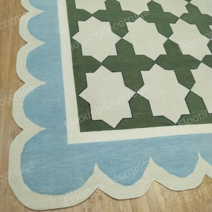 10x14 Modern Oushak Rug Handmade Wool Rug Hand Knotted  Area Rug Green Beige and Blue Rug Home Decor Rug for Living Bedroom and Custom Size