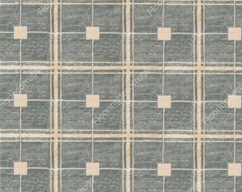Puede incluir: Primer plano de una alfombra con un patrón de cuadros. La alfombra presenta un fondo verde azulado con una cuadrícula de líneas y cuadrados beige. Los cuadrados están espaciados uniformemente en el diseño, creando una apariencia simétrica.