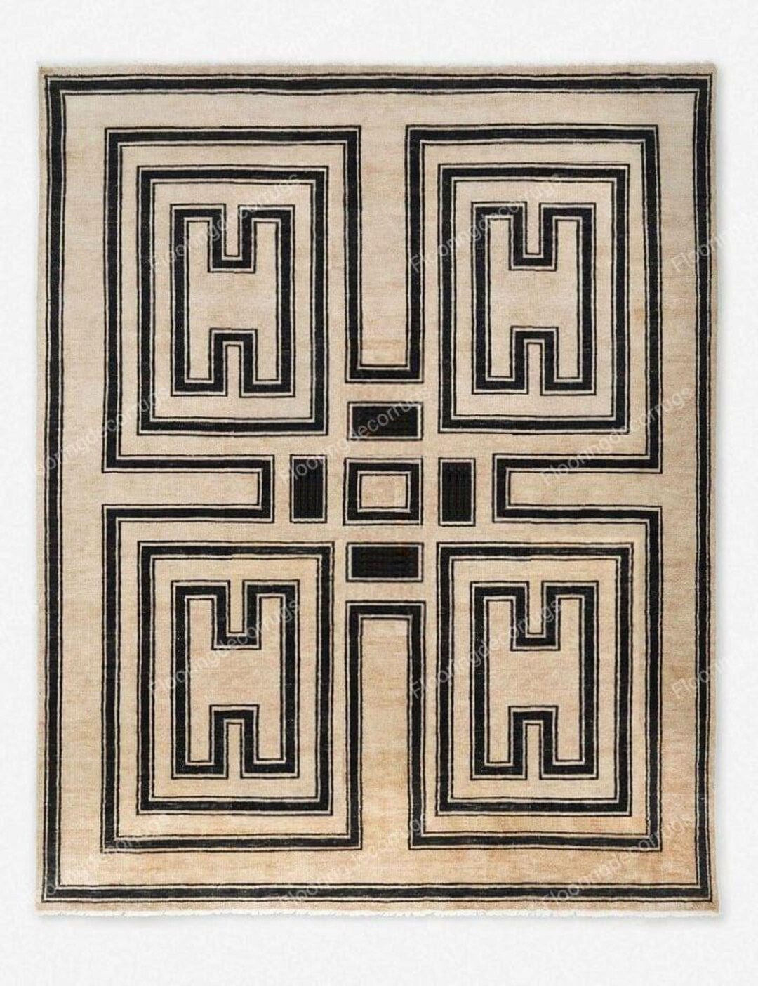 Handmade Geometric Wool Rug: Beige and Black, 8x10, Hand Knotted - Etsy