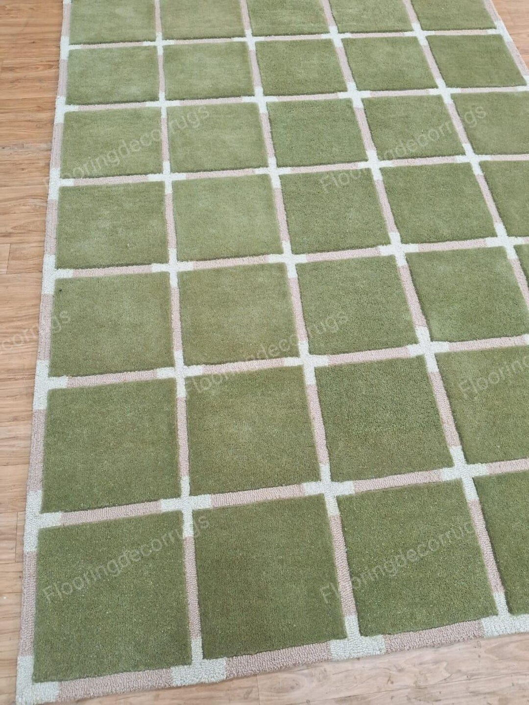 Geometric Boxes Wool Rug: Hand Tufted Green Area Carpet, High & Low ...