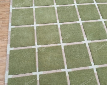 Geometric Boxes Wool Rug: Hand Tufted Green Area Carpet, High & Low Handmade Rugs
