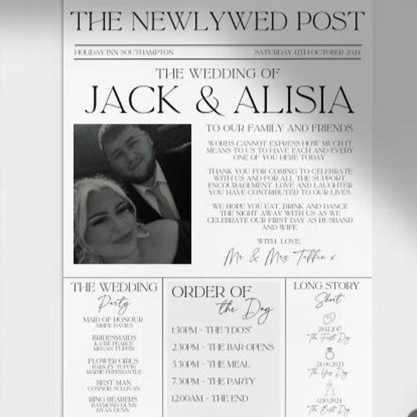 Wedding Newspaper TEMPLATE | A4 Double Sided | Minimal, Modern Wedding Newspaper