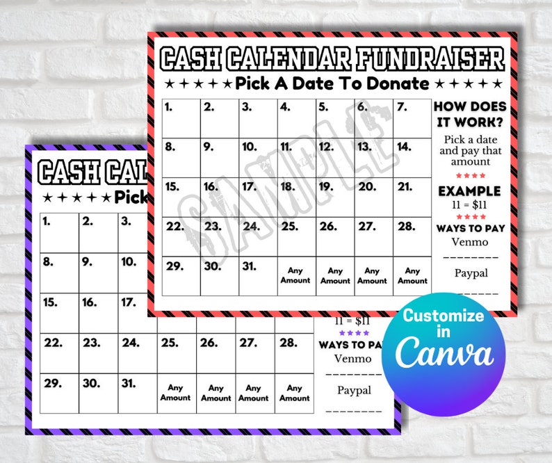 CASH CALENDAR FUNDRAISER Template Etsy