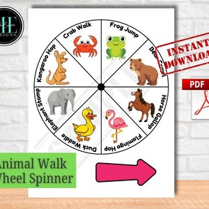 May include: A printable animal walk wheel spinner with illustrations of a crab, frog, bear, horse, flamingo, duck, elephant, and kangaroo. The words "Animal Walk Wheel Spinner" are at the bottom. Includes a pink arrow and "Instant Download" text.