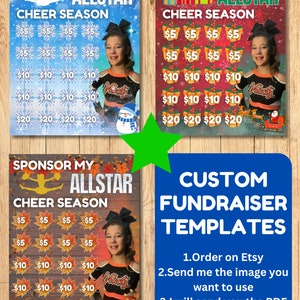Op de afbeelding: Drie aanpasbare fondsenwervende sjablonen voor cheerleading. Elk sjabloon toont een cheerleader in een ander uniform en op een andere achtergrond. De sjablonen bevatten een raster met donatiebedragen: € 5, € 10 en € 20. De tekst "Sponsor My Allstar Cheer Season" staat bovenaan elk sjabloon. De tekst "Custom Fundraiser Templates" staat bovenaan de afbeelding. De tekst "1. Bestel op Etsy 2. Stuur me de afbeelding die je wilt gebruiken 3. Ik stuur je de PDF binnen 24 uur" staat onderaan de afbeelding.