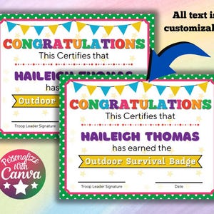 Girl Scout Badge Certificate Canva Template Editable and Customizable Award Certificate Instant Download