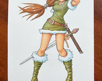 May include: A hand-drawn illustration of a character with long brown hair, wearing a green tunic with white fur trim, a brown belt, and green lace-up boots with fur cuffs. The character holds a sword at their side and shades their eyes.