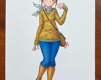 May include: A colored drawing of a character with reddish-brown hair tied with a blue bow, wearing a mustard yellow sweater with a green leaf pattern, blue jeans, a light gray scarf, and brown boots, carrying a brown crossbody bag.