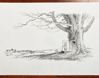 May include: A black and white ink illustration on paper depicting a large tree with a door at its base. A small bear and a child stand near the open door. The tree has a small window and branches extending across the scene. The landscape includes rolling hills and distant trees.
