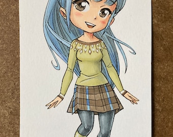 Blauwharige chibi: originele aquarelkunst
