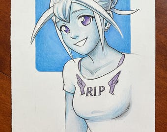 May include: A colored pencil drawing on paper featuring an anime-style character with light blue skin and purple eyes. The character wears a white t-shirt with the text RIP and small purple wings printed on the chest, and hair accessories.