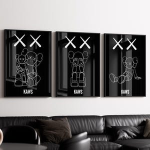 Kaws Poster Set of 3, Black and White Kaws Poster, Kaws Figure, Hypebeast Printable Wall Art, Minimalist One Line Kaws Poster, Gift for Him