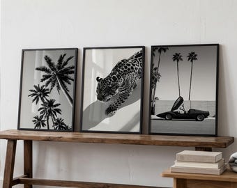 Black & White Leopard Print Set of 3 | Luxury Wall Art, Cheetah Poster, Palm Tree Room Decor Printable, High Heels in Classic Car CPS1