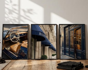 Old Money Luxury Fashion Prints, Vintage Car & Paris Cafe Poster, Wall Art Set of 3, Printable Gallery Wall Set