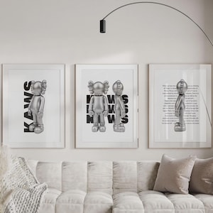 Silver and Black Kaws Poster,Kaws Poster Set of 3,Kaws Figure,Hypebeast Printable Wall Art,Minimalist Graffiti Poster,Gift for Sneaker Lover