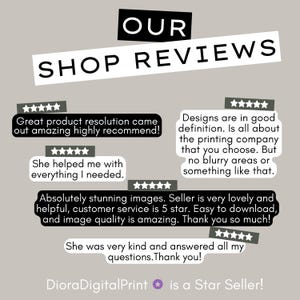以下が含まれることがあります： 「OUR SHOP REVIEWS」のテキストと顧客のレビューが記載されたグラフィック。レビューでは、画質、カスタマーサービス、製品の解像度が強調されています。販売者は「Star Seller」です。