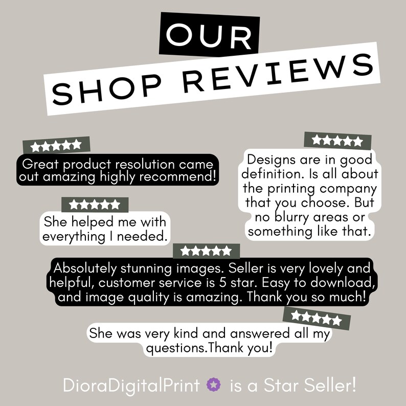 以下が含まれることがあります： 「OUR SHOP REVIEWS」のテキストと顧客のレビューが記載されたグラフィック。レビューでは、画質、カスタマーサービス、製品の解像度が強調されています。販売者は「Star Seller」です。