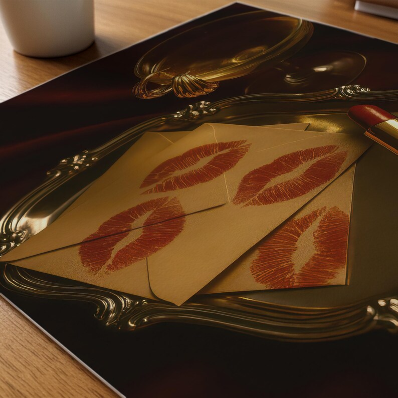 May include: A decorative, gold-coloured serving tray displays three brown envelopes, each marked with a red lipstick kiss. A red lipstick tube is placed on the tray, hinting at a theme of love or beauty.