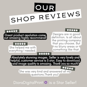 May include: A graphic with the text "OUR SHOP REVIEWS" and customer testimonials. The reviews highlight image quality, customer service, and product resolution. The seller is a "Star Seller".