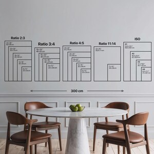 May include: Diagram showing aspect ratios and ISO paper sizes, including 2:3, 3:4, 4:5, 11:14, and A1 to A4. Measurements are in inches and centimetres. A round marble table with four chairs is in the foreground.