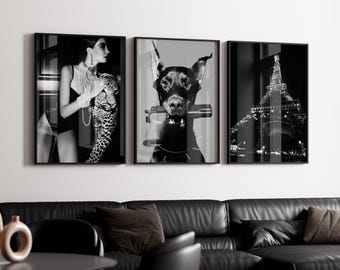 Black & White Luxury Fashion Poster Set of 3 | Luxury Fashion Prints, Designer Wall Art, Doberman Poster, Hypebeast Decor