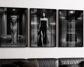 Juego de 3 pósteres de moda de lujo en blanco y negro / Láminas de moda de lujo, arte mural de diseño, póster de guepardo, decoración Hypebeast
