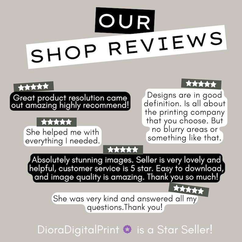 May include: A graphic with the text "OUR SHOP REVIEWS" and customer testimonials. The reviews are in speech bubbles with star ratings. The seller is identified as a "Star Seller" with the shop name "DioraDigitalPrint".
